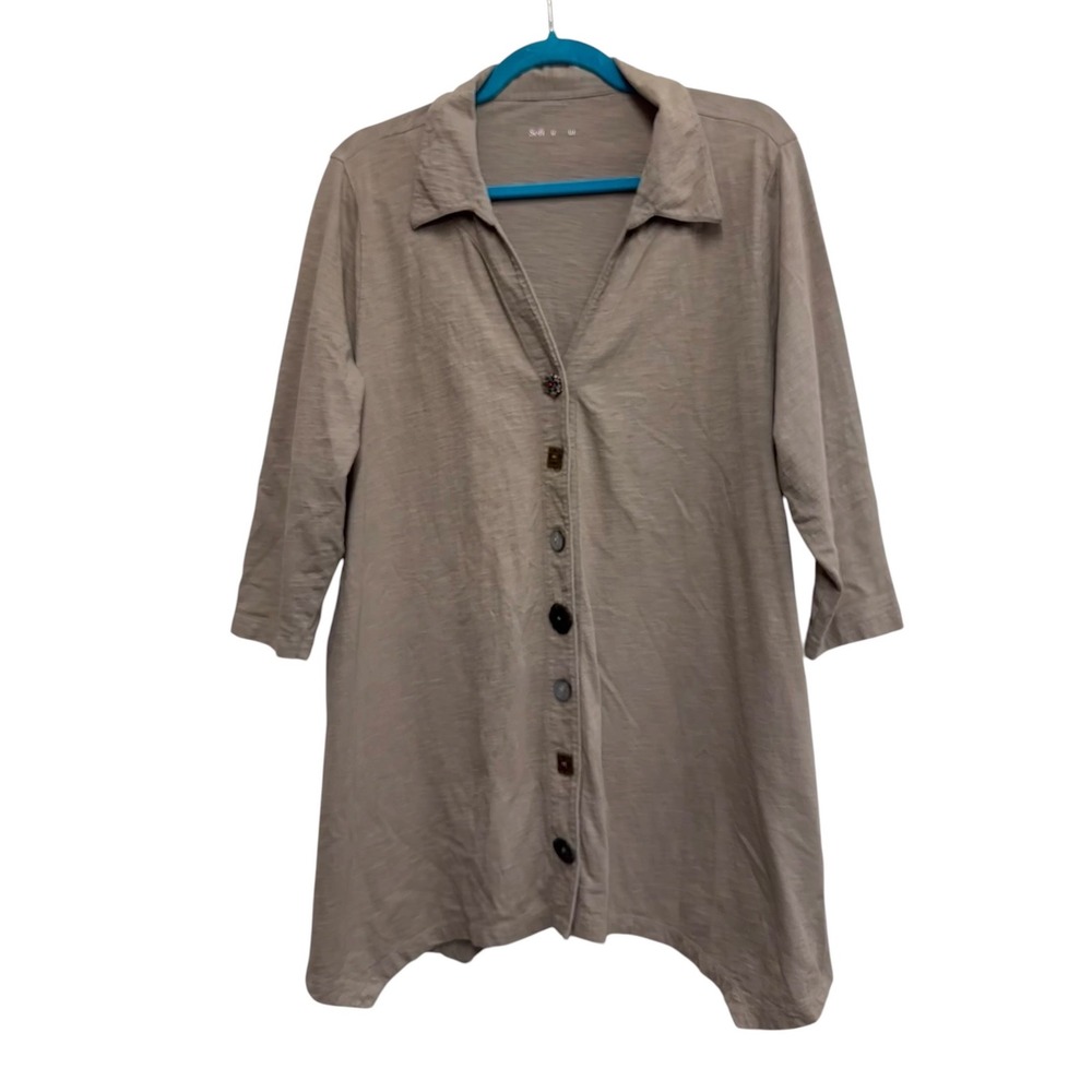 Soft Surroundings 1X Danielle Tunic Taupe Mixed Buttons 3/4 Sleeve Lagenlook
